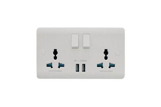 Multi-purpose wall-mounted power outlet  with dual switch and USB for charging devices isolated on white background. Fym up Series - 16A Double Universal Switch Socket and 2 USB Charger.