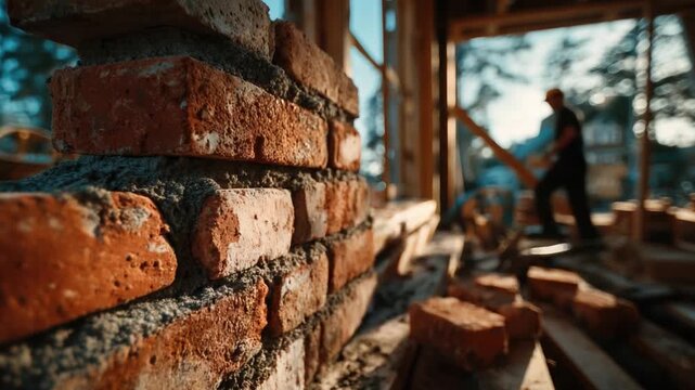 Close-Up of Brickwork During Construction with Natural Light Highlighting Texture and Detail in Building Project