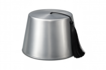 Metallic fez hat with black tassel on a transparent background, evoking tradition and cultural heritage