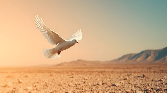 A white dove soars above a desert landscape, symbolizing peace and hope.