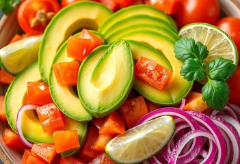 Freshly sliced avocados, tomatoes, red onions, lime wedges, and parsley garnish, avocado, plate