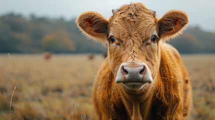 Close up of a brown cow standing in a field outdoors today