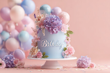 Charming birthday cake adorned with delicate flowers and whimsical balloons, perfect for celebrations and joyful moments, creating sweet memories on special days
