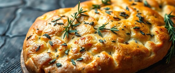 Golden-brown rosemary focaccia, dimpled surface, fresh herbs,   meal,  cooking