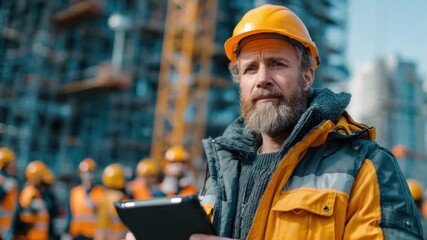 Construction worker in safety attire holding tablet at building site with team in background, focused on project management and teamwork activities.