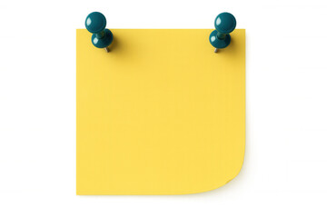 Yellow sticky note anchored by green pushpins, offering clean workspace for quick annotations against transparent backdrop