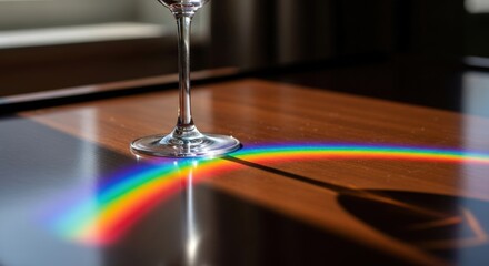 Obraz premium Beautiful rainbow light cast by wine glass on table, vibrant colors shine