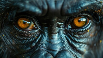 Close up portrait of a gorilla with intense amber eyes