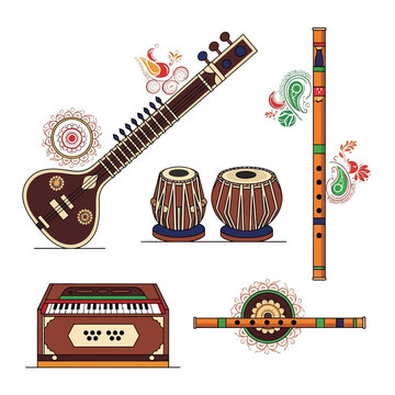 A collection of traditional Indian musical instruments, including a sitar, tabla drums, a harmonium, and a flute, adorned with decorative patterns.