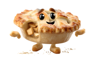 Adorable apple pie character illustration with smiling face on transparent background