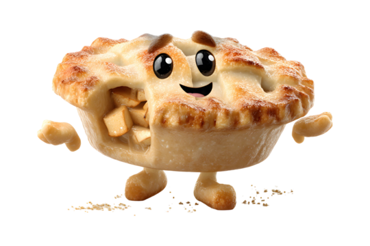Adorable apple pie character illustration with smiling face on transparent background