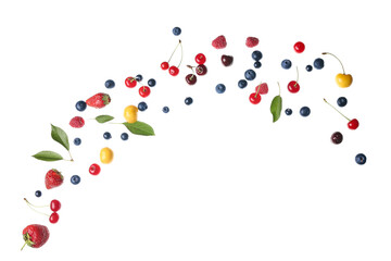 Flying different fresh berries and leaves on white background