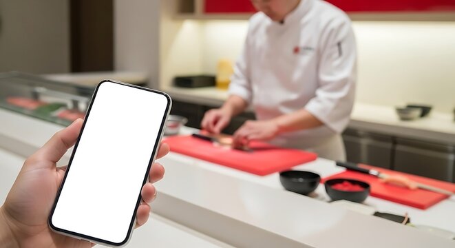 Customer captures culinary creation with phone while chef prepares sushi in modern kitchen
