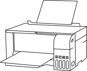 Line art illustration of a modern printer with paper input and output trays, isolated on white background.
