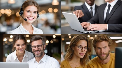 Four diverse business professionals in a modern office, smiling and working. A customer service representative with headset, two colleagues working on computers, and a business professional at a desk