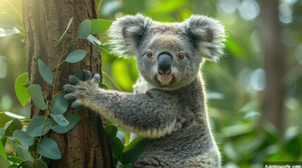 Fototapeta premium Fluffy koala climbing tree with leaves in the forest area