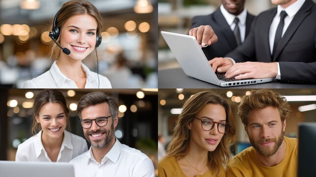 Four diverse business professionals in a modern office, smiling and working.  A customer service representative with headset, two colleagues working on computers, and a business professional at a desk