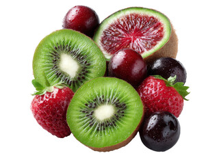 Fresh juicy kiwi strawberries cherries blood orange fruit mix, Isolated On White Background, Png Transparent