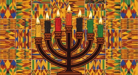 Colorful Menorah on Geometric African Pattern Background