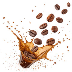 Coffee Beans Splashing into Cup with Flying Splash Isolated on White Background

