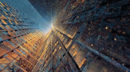 Tech overlays on architecture or abstract digital patterns