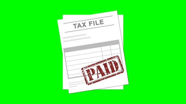 Tax file form with animated paid stamp seal on green screen background, chroma key effect for finance, accounting, and official document payment approval animation