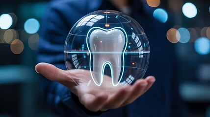 Dentist holding a glowing digital tooth inside a futuristic globe