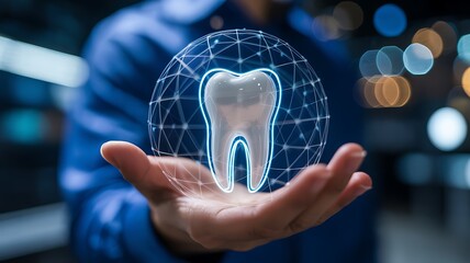 Futuristic glowing tooth hologram held in a person s hand with digital network overlay