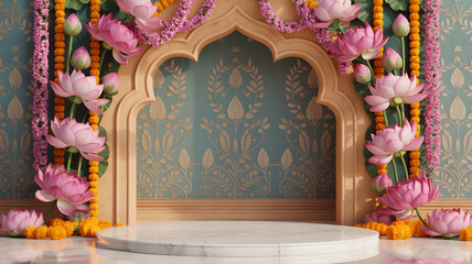 Luxurious Indian Floral Backdrop with Lotus-Inspired Sandstone Arch, Pink Lotus Garlands, Marigolds, Jasmine, and Traditional Motif Mural Backdrop .Golden Hour Studio Interior