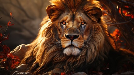 Majestic feline resting with foliage in a warm environment