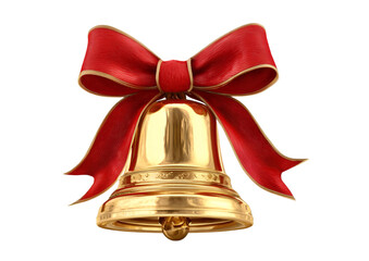A beautiful golden bell adorned with a vibrant red ribbon, symbolizing celebration and joy. Perfect for festive themes and holiday designs.