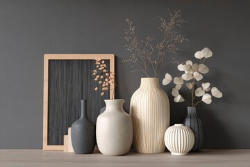 Still life of vases white gray black with flowers against a gray wall and wooden frame