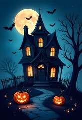 Fototapeta premium Enchanting Halloween night scene with glowing pumpkins leading to spooky haunted house under a full moon with bats flying in the night sky