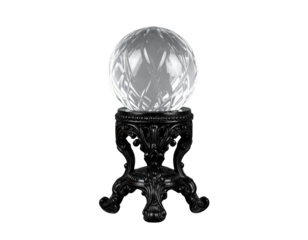 Firefly_A clear glass sphere sits atop a dark, ornate stand, isolated on transparent backgrou