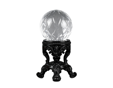 Firefly_A clear glass sphere sits atop a dark, ornate stand, isolated on transparent backgrou