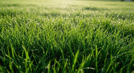 Fototapeta premium Fresh green grass glistens with morning dew, perfect for spring designs