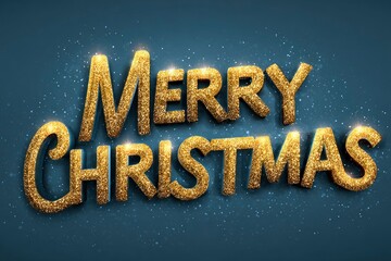 Gold glitter Merry Christmas text on a bluegray background with dispersed glittering particles