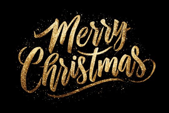 Gold glitter text Merry Christmas on a black background with scattered glitter specks