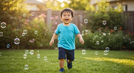 Happy Young Boy Running in Garden Playing with Bubbles on Sunny Day