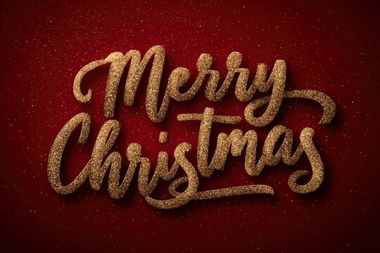 Glittering Merry Christmas text in gold script on a deep red subtly textured background - Powered by Adobe