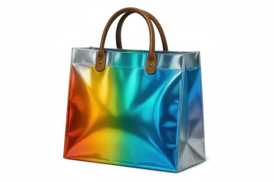 Shiny metallic rainbow shopping bag with brown leather handles, isolated on transparent background, perfect for composites