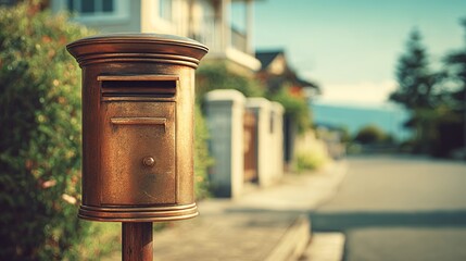 Naklejka premium Classic bronze mailbox standing elegantly in a charming neighborhood during golden hour.