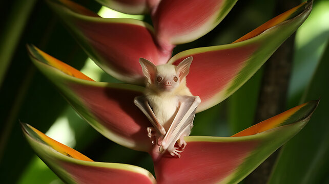 A lesser white flower bat resting in a heliconia flower in the tropical rainforests of costa rica, central america