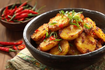 Fried potato slices served in a dark bowl with chili peppers garnished with green onions resting on a patterned cloth