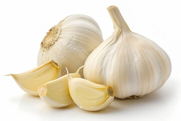 Obraz premium Whole Garlic Bulbs with Peeled Cloves Placed on Clean White Background