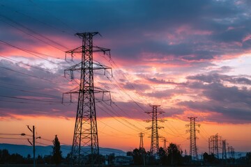 Fototapeta premium Power lines stretch across a colorful sunset sky with hues of orange pink and gray clouds