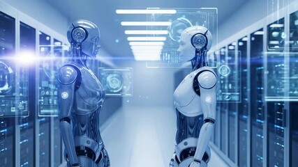 Communicating AI Robots Standing in Data Center: Futuristic Technology Concept - Powered by Adobe