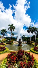Tropical Garden Fountain, Sunny Day