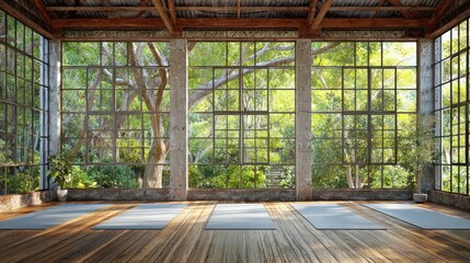 Fototapeta premium Rustic yoga studio with large windows