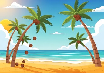 Fototapeta premium Tropical beach paradise with swaying palm trees and coconuts under a sunny summer sky